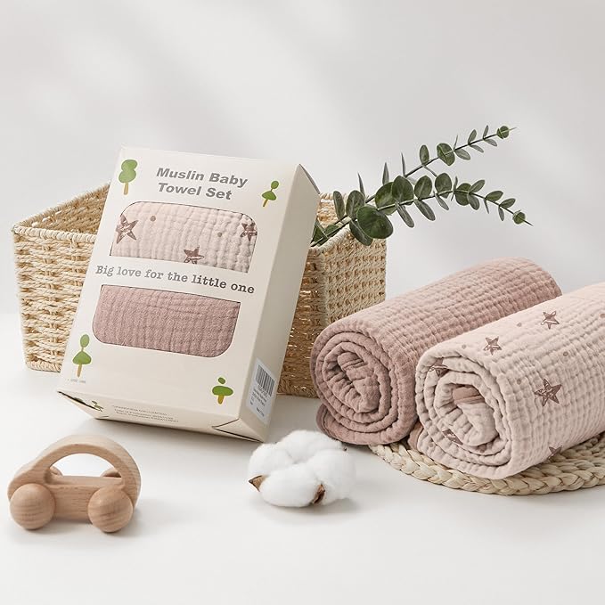 Susurration Hooded Baby Towels for Newborn 2 Pack 100% Muslin Cotton Towel for Babies，Highly Absorbent and Newborn Essential 30x30 Inch Pink Star&Sand