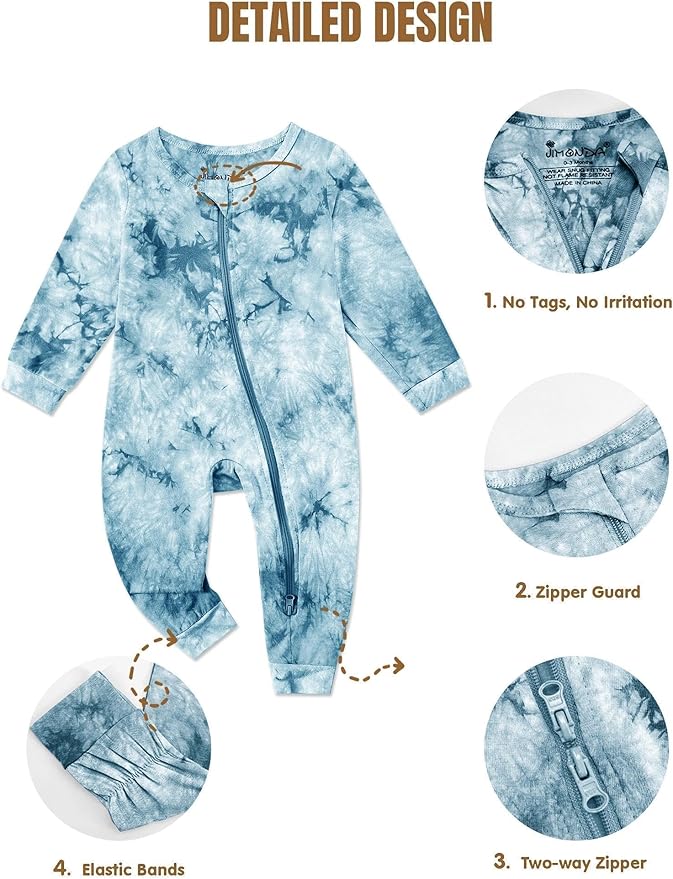 Baby Girls Boys Footless Romper 2 Way Zipper Soft Rayon Outfits, Outdoor Tie-dye Long Sleeve Clothes Jumpsuit
