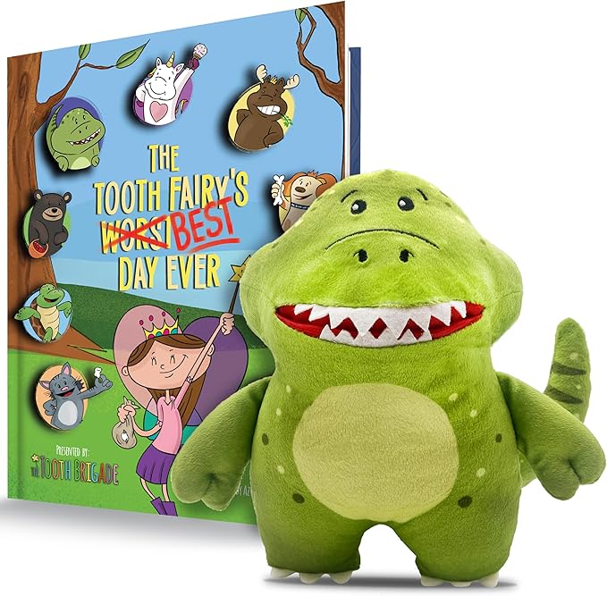 Rebel Dinosaur Tooth Fairy Pillow and Book Bundle | 8" Plush with Pocket for Lost Teeth & Hardcover Storybook w/Tracker, Q&A for Boys Girls Children of All Ages