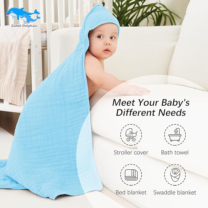 SWEET DOLPHIN Muslin Hooded Baby Bath Towels - 2 Pack 100% Cotton Towel for Babies, Infants, Toddlers - 32x32Inch - Highly Absorbent and Newborn Essential, Blue