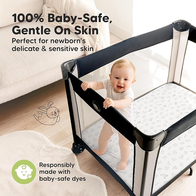 Pack and Play Sheets Fitted - 2-Pack Mini Crib Sheets for Pack N Play Mattress 38x26, Soft & Cozy, Neutral Toddler Playard Bedding, Snug Fitted Mini Baby Crib Mattress Cover Boy, Girl (ABC Land)