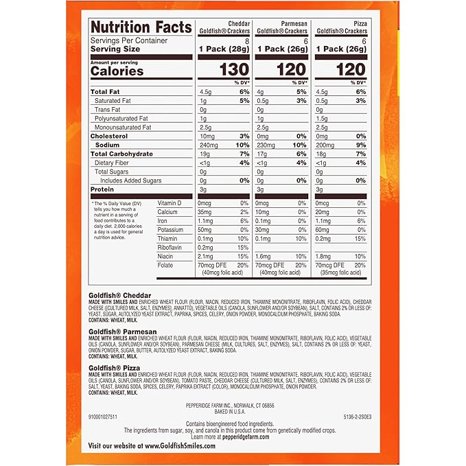 Goldfish Crackers Say Cheeeese Variety Pack with Cheddar, Pizza and Parmesan, Snack Packs, 20 Ct (Pack of 2)