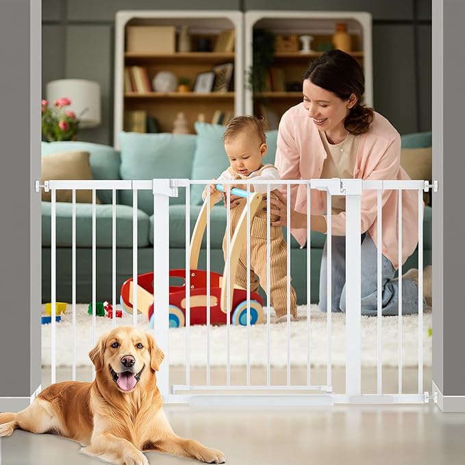 29-54 inches Extra Wide Metal Baby Gate for Stairs/Doorways, 30 inches Tall Pressure Mounted Pet Gates, Auto-Close Child Safety Gate, No Drilling Easy Walk-Through Dog Gate Indoor, White