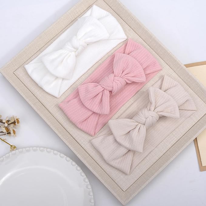 Handmade Baby Headbands Soft Stretchy Nylon Hair Bands with Bows for Newborn Infant Baby Toddler Girls- Pack of 3 (Set-B, 3 Count (Pack of 1))