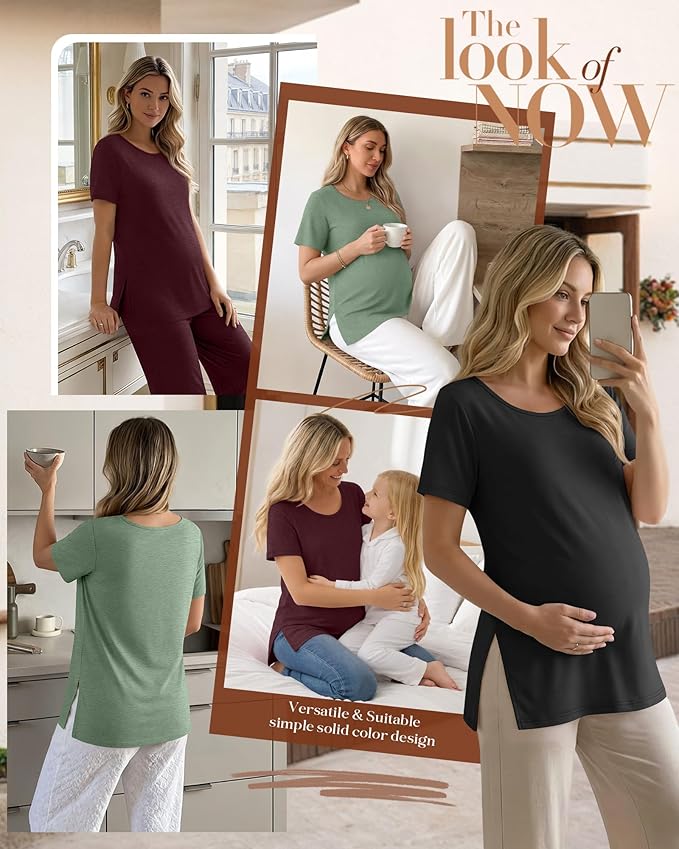 3 Pack Women's Maternity Shirts Short Sleeve Round Neck Side Split Pregnancy Tops Loose Summer Casual Mama Clothes