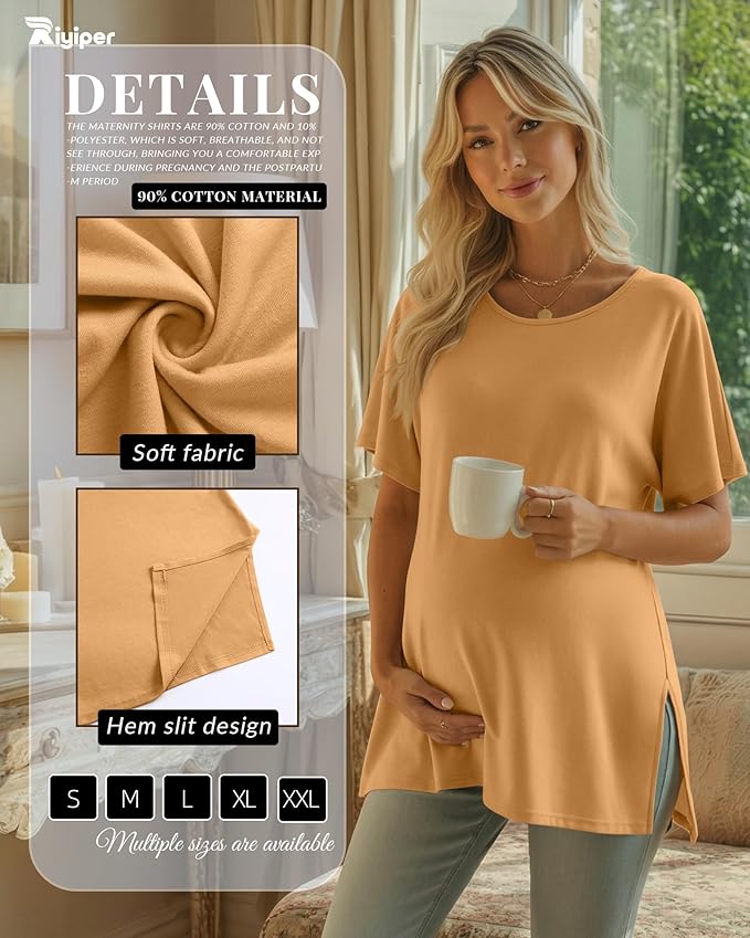 Riyiper 3 Pack Women's Maternity Tunic Shirts Cotton Summer Pregnancy Clothes Loose Oversized Split Side Blouse Tops
