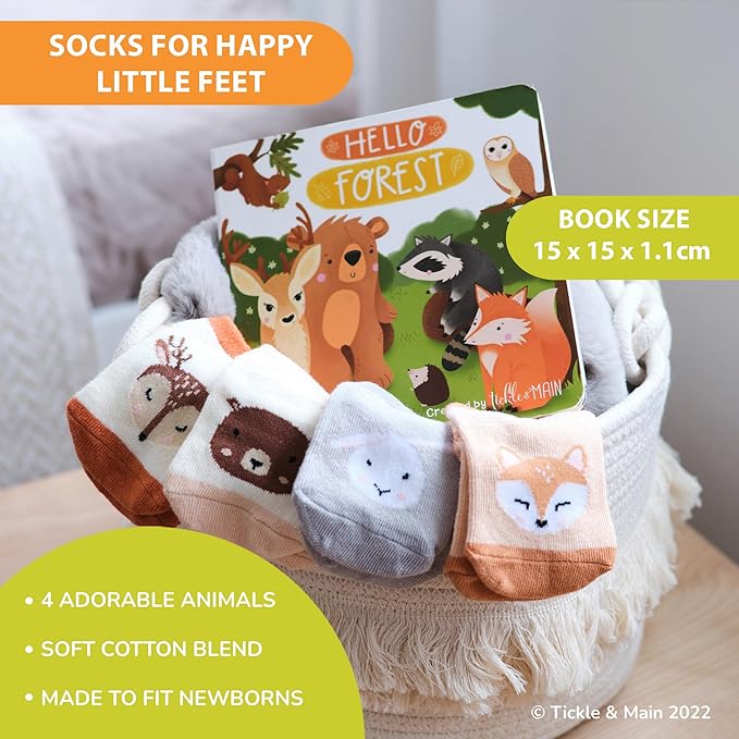 Tickle & Main Registry Gift Set - 5 Pieces, Forest Friends, 0-12 Months - Baby Socks Newborn & Hello Forest Board Book - Newborn Set, Gender Neutral