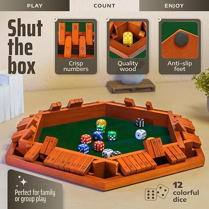 Shut The Box Game Wooden Board for 1-6 Players - 16-inch Shut The Box Game 12 Numbers for Adults & Kids - Ideal for Games Night