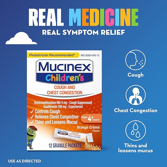 Mucinex Children's Chest Congestion Expectorant and Cough Suppressant Mini-Melts, Orange Cream, 12 Count (Packaging May Vary)