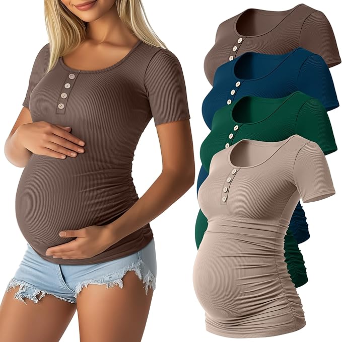 4 Pack Womens Maternity Shirts Scoop Neck Cotton Short Sleeve Ribbed Pregnancy Top Henley Side Ruched Mama Clothes