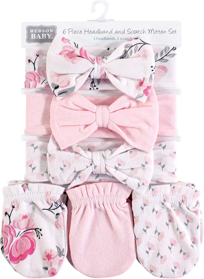 Hudson Baby baby-girls Cotton Headband and Scratch Mitten Set