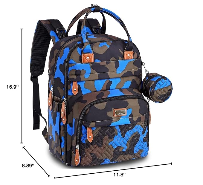 BabbleRoo Diaper Bag Backpack - Baby Essentials Travel Tote - Multi Function Water Resistant Diaper Bag, Travel Essentials Baby Bag with Changing Pad, Stroller Straps & Pacifier Case - Blue Camo
