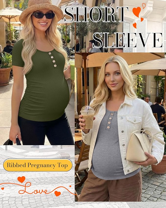 4 Pack Womens Maternity Shirts Scoop Neck Cotton Short Sleeve Ribbed Pregnancy Top Henley Side Ruched Mama Clothes