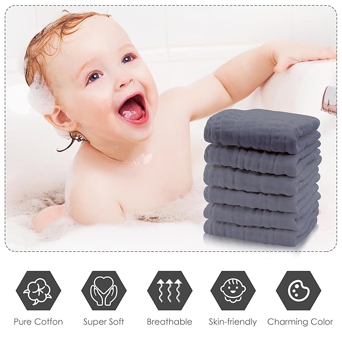 Cute Castle 12 Pack Muslin Baby Washcloths - Large 12'' by 12'' - Ultra Soft 100% Cotton - Super Absorbent Burp Cloths for Unisex, Boy, Girl -Grey
