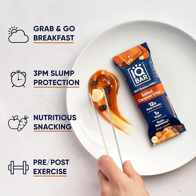 IQBAR Brain and Body Clean Plant Protein Bars - Salted Caramel Chip - 12 Bars - Keto, Vegan, High Fiber, Gluten and Dairy Free, Low Sugar Snack with Nutrients for Focus, Energy, Meal Replacement