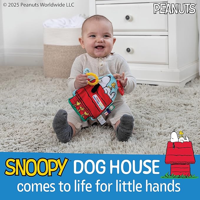 Kids Preferred Peanuts Snoopy Sensory Crinkle Teether Toys for Newborn Baby Boys and Girls with On-The-Go Clip for Stroller and Car Seat, 10 inches
