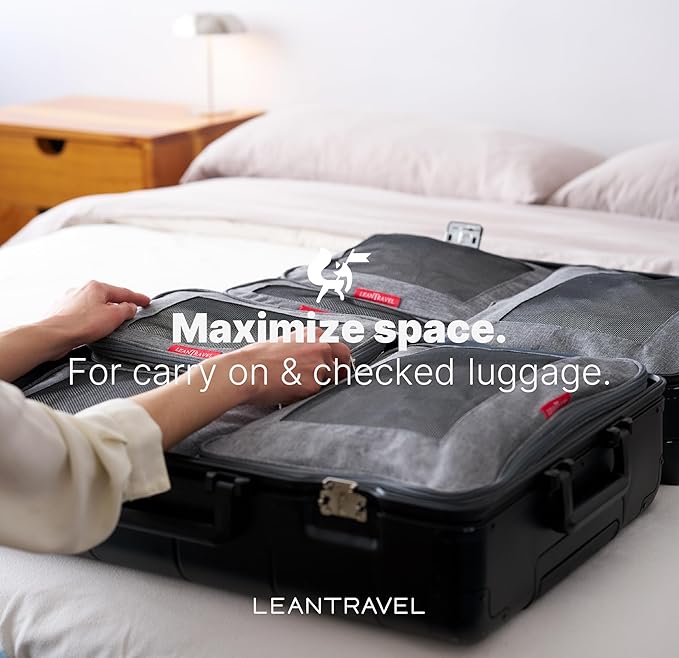 LeanTravel Premium Compression Packing Cubes for Travel - Luggage Organizers with Double Zipper - Sturdy Bags for Suitcase (3-Pack, Grey)