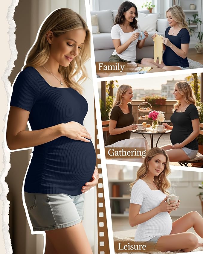 Huukeay 4 Pack Women's Maternity Shirts Cotton Ribbed Short Sleeve Square Neck Pregnancy Tops Side Ruched Summer Tee
