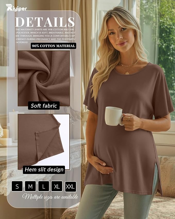 Riyiper 3 Pack Women's Maternity Tunic Shirts Cotton Summer Pregnancy Clothes Loose Oversized Split Side Blouse Tops
