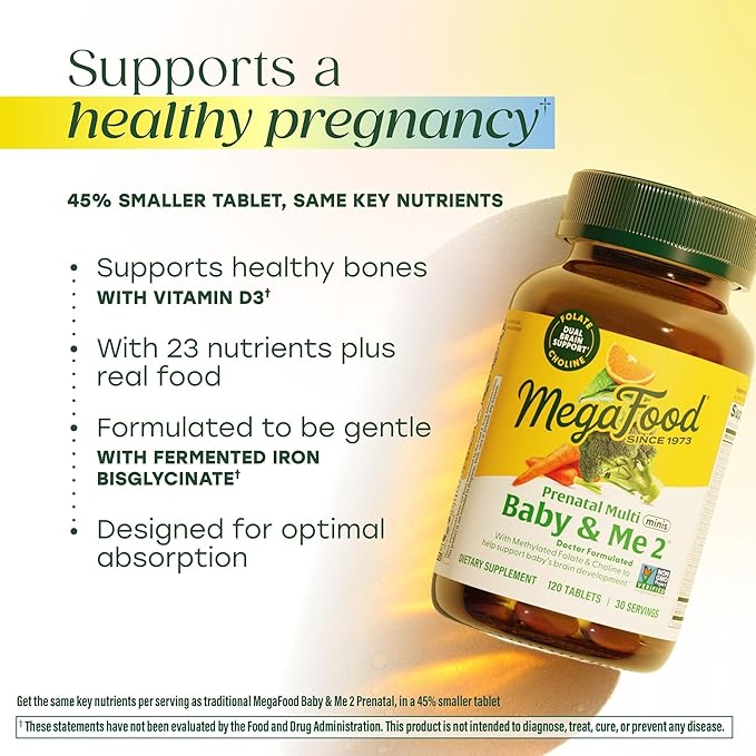 MegaFood Baby & Me 2 Prenatal Multi Minis - Prenatal Vitamins for Women with Choline & Methyl Folate - Gluten-Free, Vegetarian, Pre Natal Multivitamin for Women – 120 Minis Tablets, 30 Servings