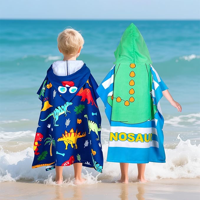 Hooded Kids Beach Towels - Toddler Bath Towel Girls Boys Swim Cover-ups for Ages 4 to 10 Kids Pool Towels Quick Dry Lightweight Soft Microfiber Poncho 30x30 with Bag (Dinosaur Green)
