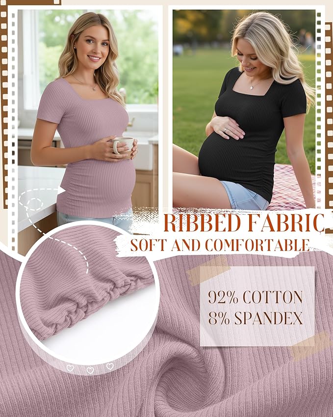 Huukeay 4 Pack Women's Maternity Shirts Cotton Ribbed Short Sleeve Square Neck Pregnancy Tops Side Ruched Summer Tee