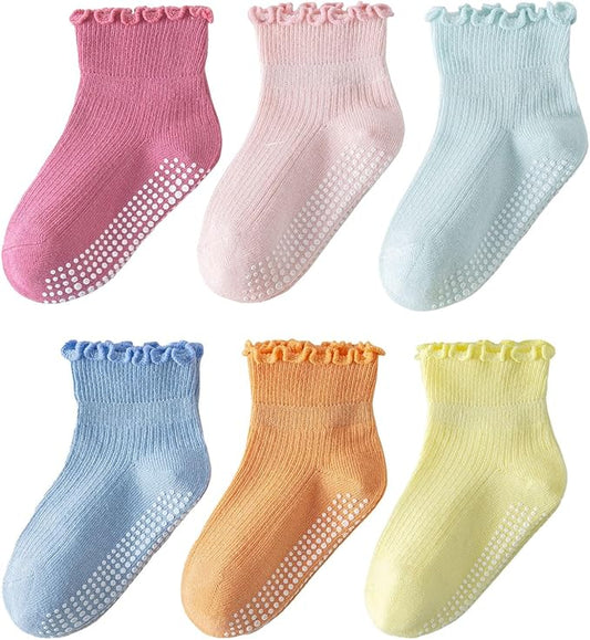 6 Pairs Toddler Ruffle Socks for Girls Baby Grip Socks Non Slip Socks Cute Grippy Frilly