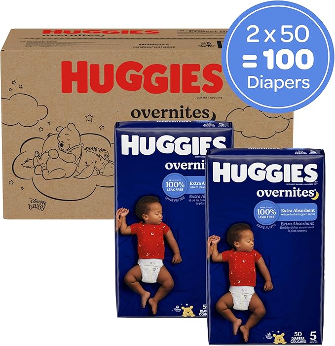 Huggies Size 5 Overnites Baby Diapers: Overnight Diapers, Size 5 (27+ lbs), 100 Ct (2 Packs of 50), Packaging May Vary