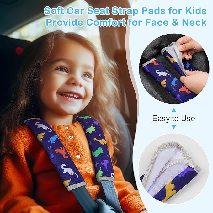 Seat Belt Cover Pad for Baby, Soft Seatbelt Cushion Covers for Kids 2Pcs Car Seat Strap Shoulder Pads for All Car Seats, Stroller, High Chair,Blue Dinosaur