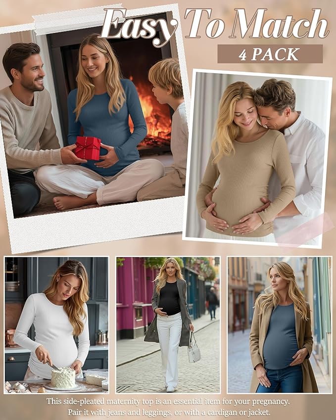 Huukeay 4 Pack Women's Maternity Shirts, Long Sleeve Cotton Ribbed Pregnancy Tops Side Ruched Crew Neck Casual Mama Clothes