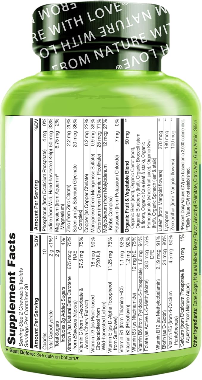 NATURELO Chewable Vitamin for Kids Multivitamin with Whole Food Organic Fruit Blend - 60 Tablets for Children
