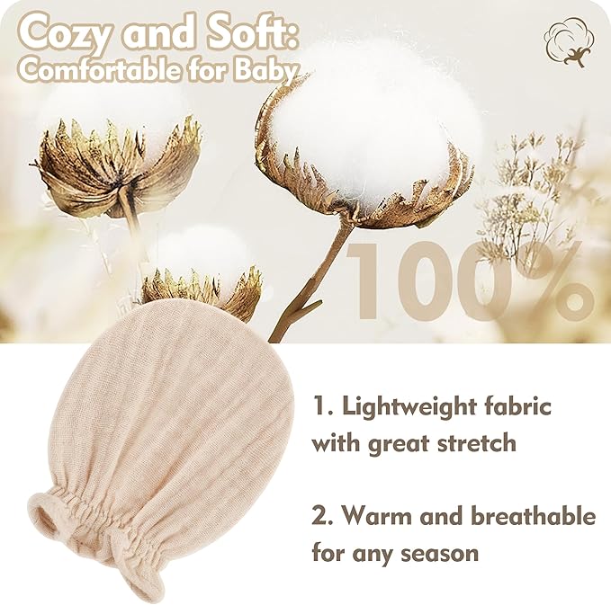 Pro Goleem Muslin Baby Mittens for Newborn, 100% Cotton No Scratch Soft Breathable Gloves for Boys and Girls 0-6 months