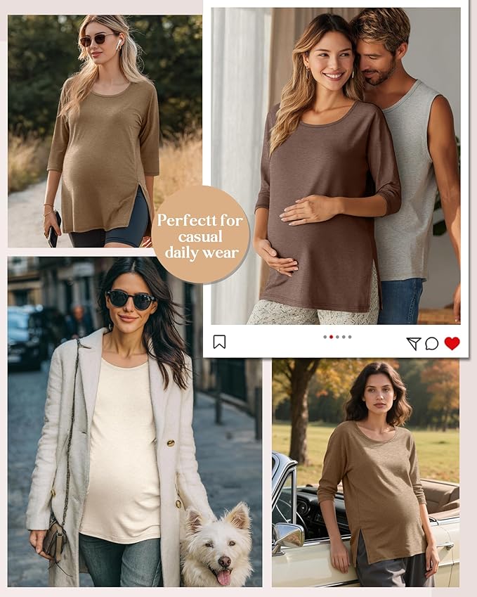 3 Pack Women's 3/4 Sleeve Maternity Shirts Elbow Length Clothes Round Neck Tunics Pregnancy Loose Side Split Tops