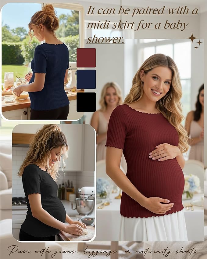 3 Pack Women's Maternity Ribbed Shirts Cotton Short Sleeve Pregnancy Tops Boat Neck Lettuce Trim Mama Clothes