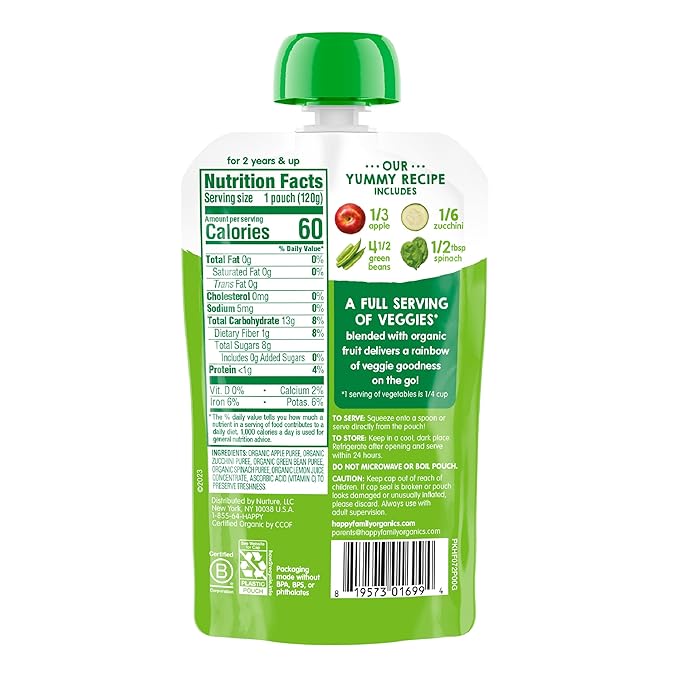 HAPPYTOT Organics Stage 4 Baby Food Pouches,Gluten Free, Vegan Snack, Love My Veggies, Fruit & Veggies Puree, Apples, Zucchini, Green Beans & Spinach 4.22 oz Pouch (Pack of 16)