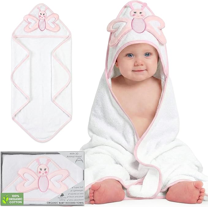 Mother's Choice Baby Towels 100% Organic Hooded Design, Large Size Cotton Baby Bath Towels, Ultra-Soft & Absorbent for Newborns, Infants, Toddlers, Boys & Girls with Animal Hood (Butterfly)