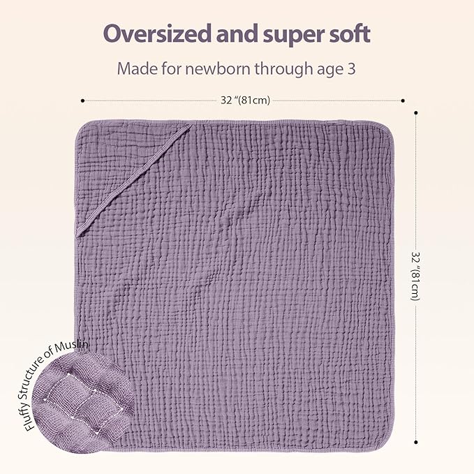 Hooded Baby Towels for Newborn - 2 Pack, 100% Muslin Cotton, Baby Bath Towels with Hood, Soft and Absorbent for Girls Infant, Toddler and Kids, Large 32x32 Inches, Newborn Essential