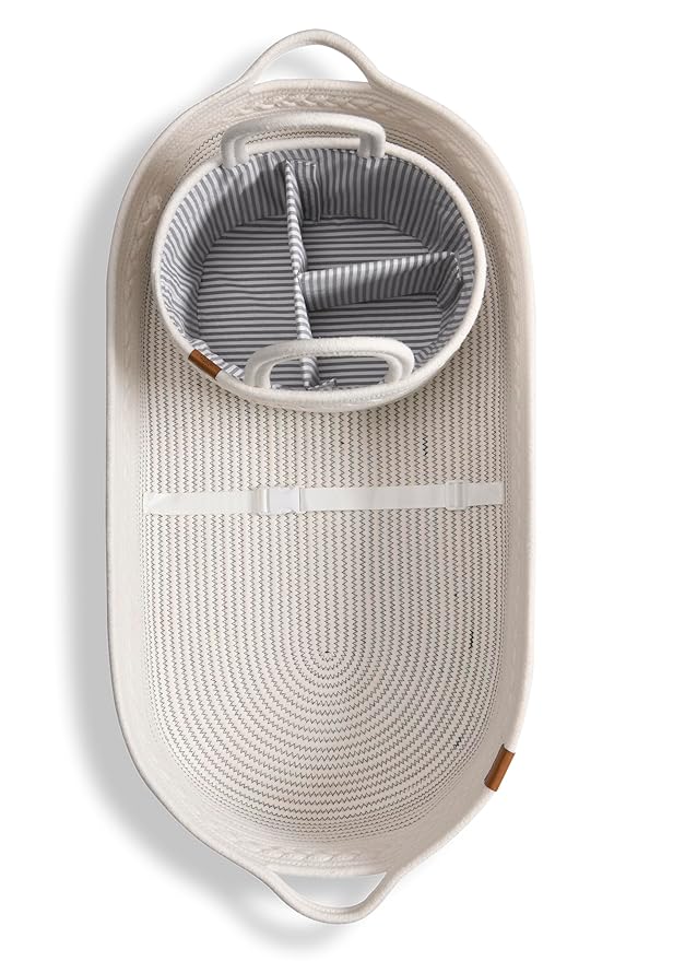 Baby Changing Basket Includes Diaper Caddy - Soft & Waterproof Dual-Cover, Portable, Changing Pad for Dresser & Changing Table, Gift for Baby Shower, Organic Cotton Rope