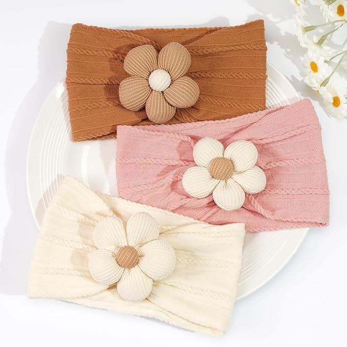 CÉLLOT Baby Flower Headbands Baby Girls Nylon Headbands Baby Essentials Stretchy Hairbands Handmade Hair Accessories for Newborn Infant Toddlers Kids (Pink,Brown,Beige)
