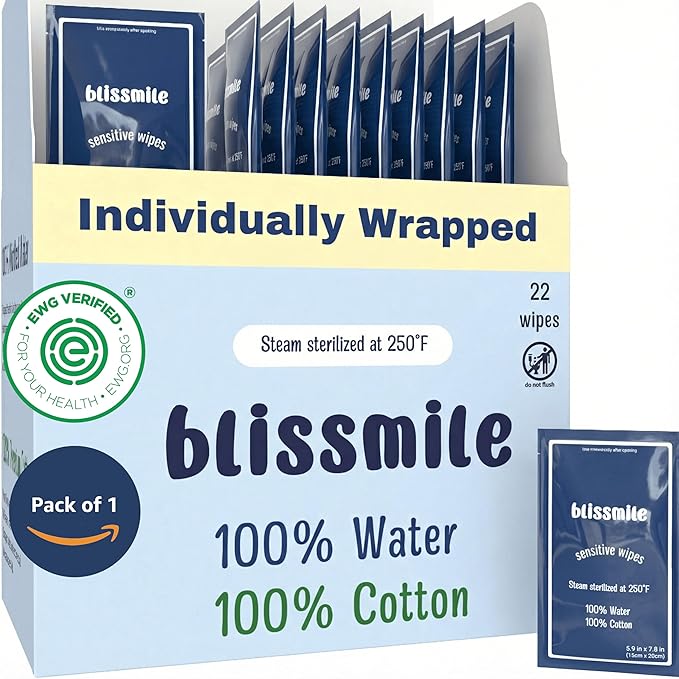 Blissmile 100% Water & Cotton Wet Wipes Travel Size - Individually Wrapped - Fragrance & Preservative-Free for Baby, Women & Sensitive Skin - Gentle Hand, Face, Body & Feminine Care - 22 Count