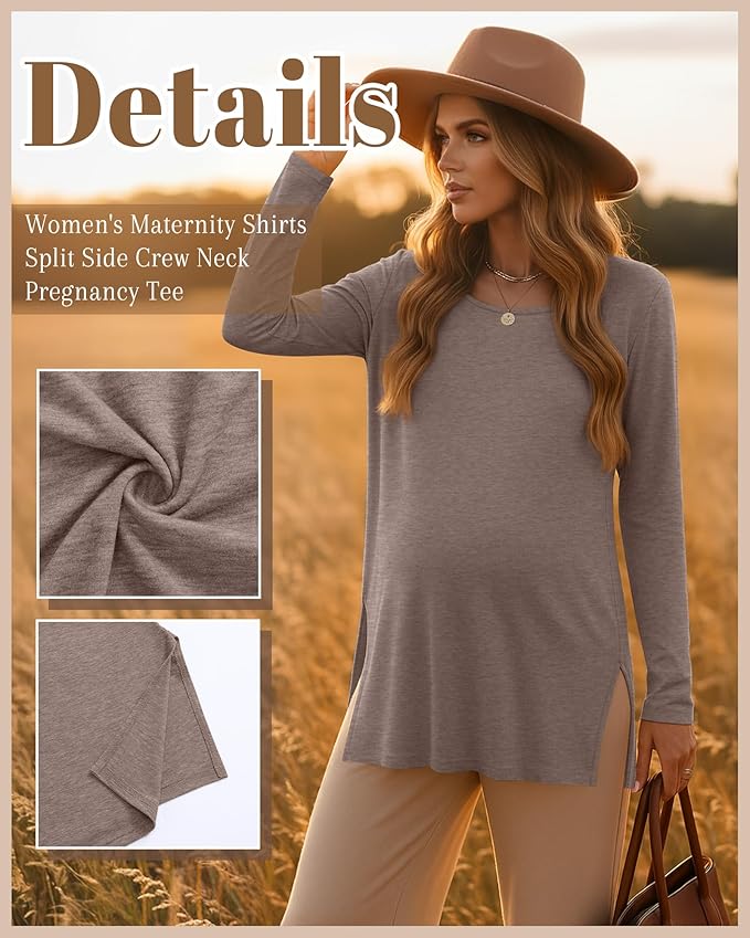 Riyiper 3 Pack Women's Maternity Long Sleeve T-Shirts Round Neck Side Split Tops Loose Casual Pregnancy Mama Clothes Fall