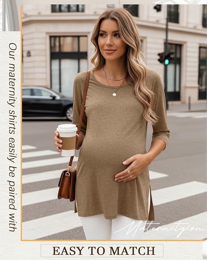 3 Pack Women's 3/4 Sleeve Maternity Shirts Elbow Length Clothes Round Neck Tunics Pregnancy Loose Side Split Tops