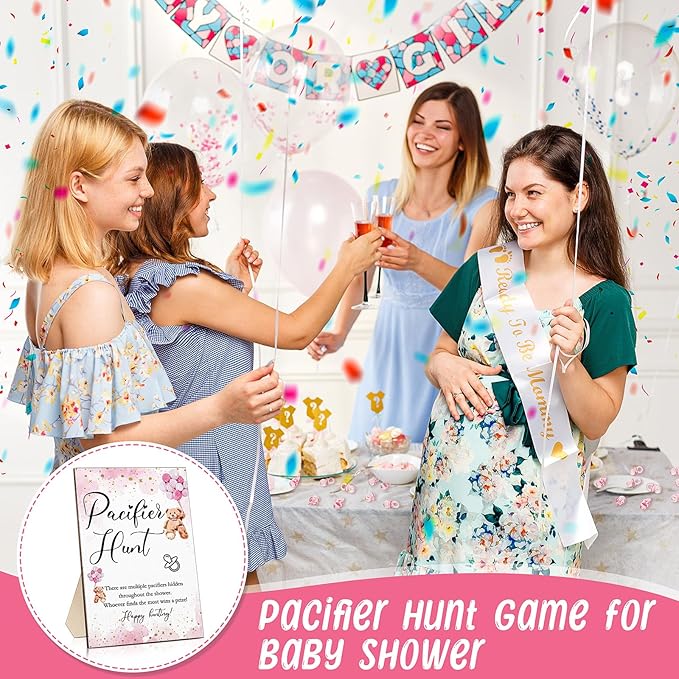 Roowest 51 Pcs Pacifier Hunt Baby Shower Game, Include Wooden Hunt Sign Bear Themed Baby Shower Sign Board with 50 Acrylic Pacifier Game for Gender Reveal Party(Pink)