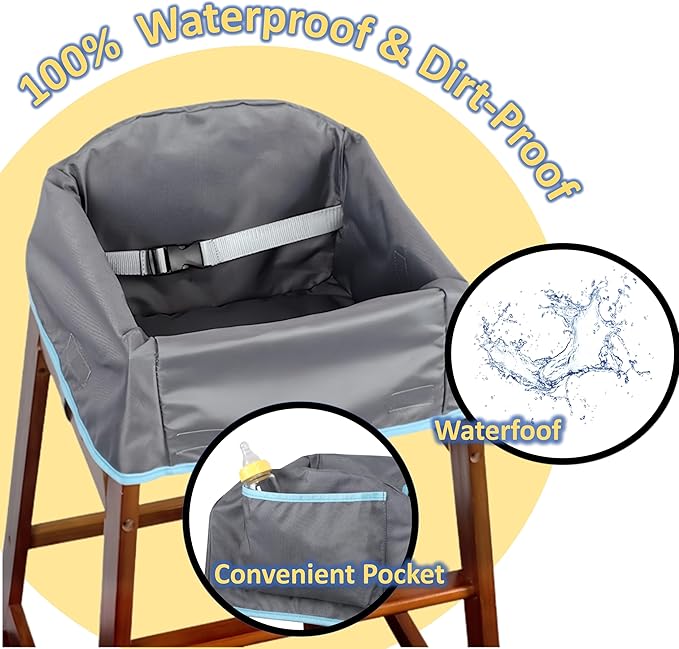 Reusable Waterproof High Chair Cover,for Wooden or Restaurant High Chair, Protect Against Messy Meals and Dirty,Dual-Belt Baby High Chair Cover,Waterproof and Washable,Gray