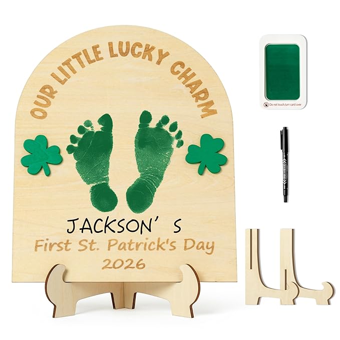 R HORSE Baby's First DIY St. Patrick's Day Footprint or Handprint Art Sign Craft, 3D Engraved Wooden Standable Ornament, Newborn Keepsake Gift Photo Prop for Unisex Baby St. Patrick's Day Baby Shower