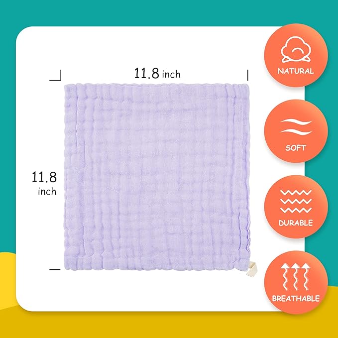 MUKIN Baby Muslin Washcloths, Natural Cotton, Soft Newborn Face Towel, 5 Pack, 12 x 12 inches (White,Pink,Yellow,Purple)