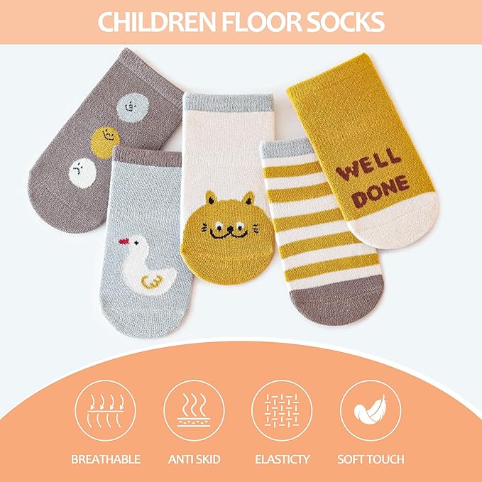 TRUEHAN 5 Pairs Toddler Non Slip Socks with Grips Baby Socks for Kids Girls Boys