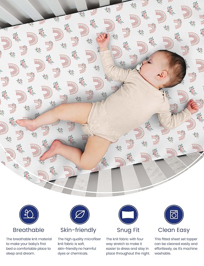 TotAha Premium Soft Pack n Play Sheets, Super Stretchy Jersey Knit Mini Crib Sheets Fitted, Silky Comfort Pack and Play Mattress Sheets, 2 Pack (Rainbow)