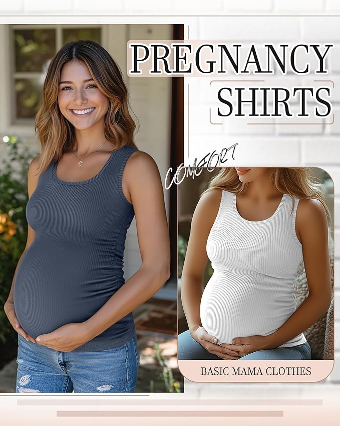 Riyiper 3 Pack Women's Maternity Tank Tops, Sleeveless Cotton Pregnancy Shirts Ribbed Knit Sides Ruched Basic Mama Clothes