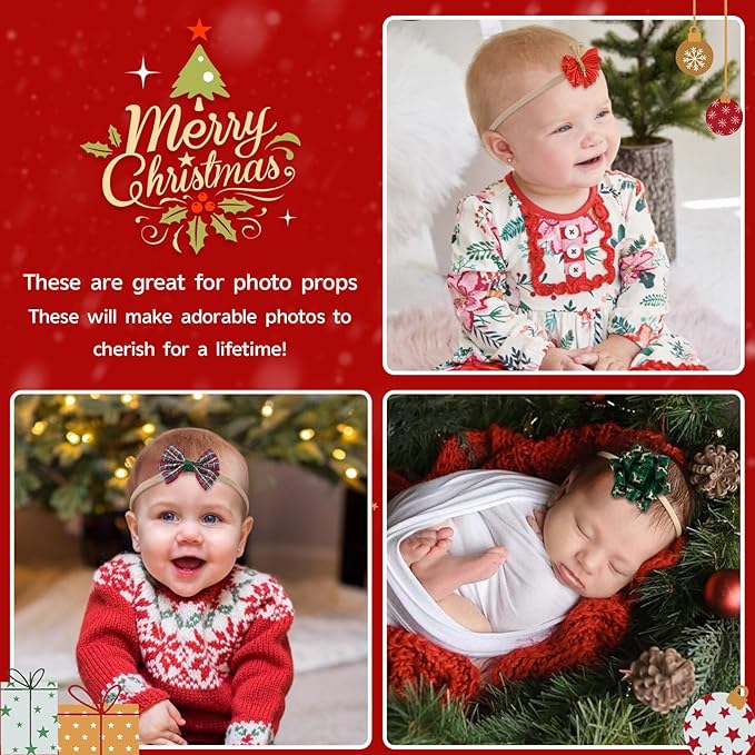 Chirstmas Baby Girls Bows Headbands, 10 Pcs Red Green Antlers Elastic Nylon Hairbands, Xmas Newborn Hair Bows Hair Accessories for Newborn Infant Toddler Kids